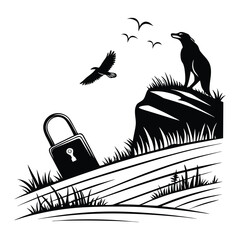 Silhouette of a wolf on a cliff with a lock and birds