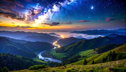 Mountain valley at sunrise with river winding through