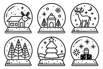 Six black and white outline snow globes with winter scenes