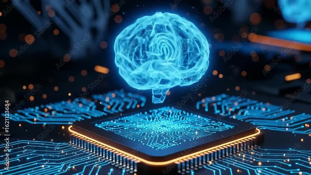 Poster flat illustration of digital ai brain glowing on a computer chip, symbolizing artificial intelligenc