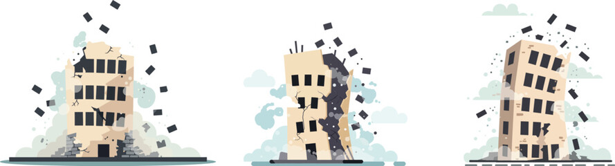 Fototapeta premium Collapsing building vector illustration showing structural damage and destruction in urban environment with debris flying around