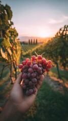 A hand holds a bunch of red grapes in a vineyard at sunset. The background features rows of grapevines and a warm, glowing sky.