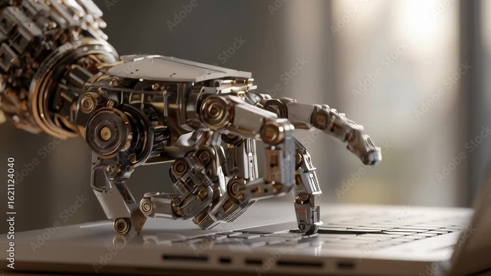 Poster a robot hand is touching a keyboard. the robot hand is made of metal and has a shiny, metallic appea