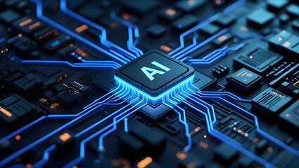 AI concept Artificial Intelligence technology circuit motherboard chip computer design machine deep learning data network analysis futuristic. 3d rendering..