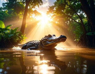 Alligator Swimming in Tropical Water With Golden Sunlight Streaming Through Trees