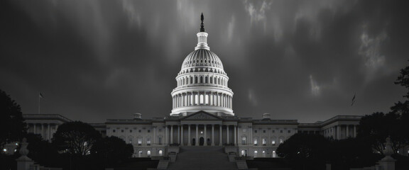 Fototapeta premium Dramatic night view of the u.S. Capitol building washington d.C. Black and white photography urban environment iconic structure