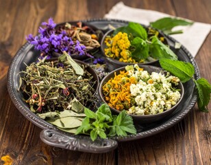 Variety of Colorful Dried Herbs in Bowls on Silver Tray and Wooden Table