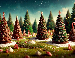 Ornamental Christmas Trees Candy and Snow in a Winter Holiday Landscape