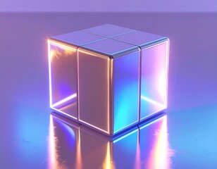 Iridescent Geometric Cube with Glowing Edges on Reflective Gradient Surface