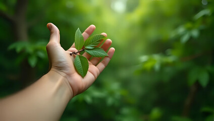 Hand holding a young green leaves, lush green forest background - new life, environmental conservation, and sustainable growth concept