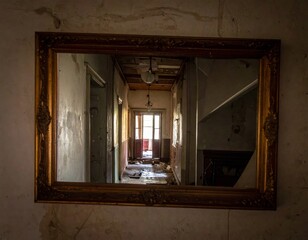 Golden Framed Mirror Reflecting Interior of an Abandoned Building with Decay