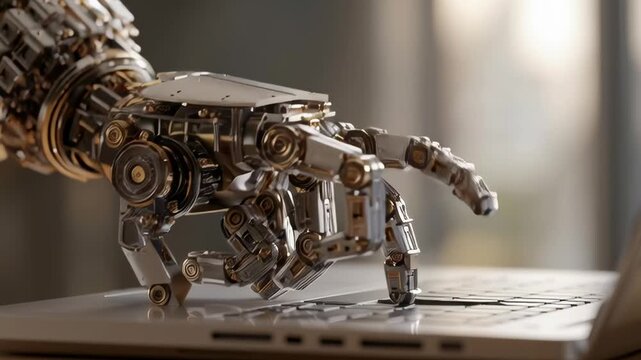 A robot hand is touching a keyboard. The robot hand is made of metal and has a shiny, metallic appearance. The keyboard is a laptop computer, and the robot hand is pressing a key on the keyboard
