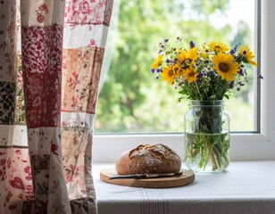 Rustic Still Life Featuring Fresh Bread and Floral Bouquet by Window