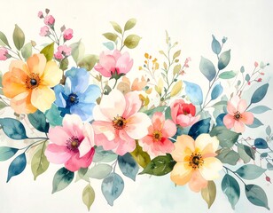 Floral Watercolor Painting of Pink Yellow and Blue Flowers with Green Leaves