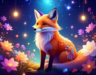 Pixelated Fox Surrounded by Flowers at Night with Glowing Lights and Stars