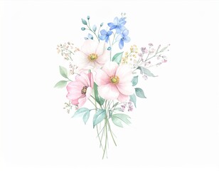 Watercolor Floral Bouquet with Pink and Blue Flowers on White Background