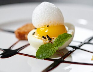 Halved Egg with Yolk Foam Garnish and Caramel on White Plate Still Life