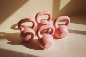 Pink kettlebells on a beige background under the summer sunlight	