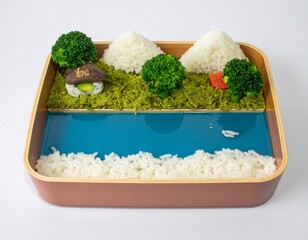 Creative Bento Box with Rice Trees and Water Scene in a Light Studio Setting