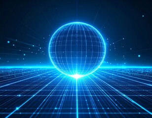 Abstract Blue Sphere Made of Data Points with Light Rays and a Grid Background