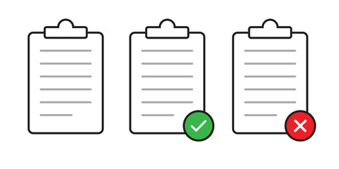 clipboard checklist icon set with approval and rejection symbols in flat style for tasks, reports, and evaluations