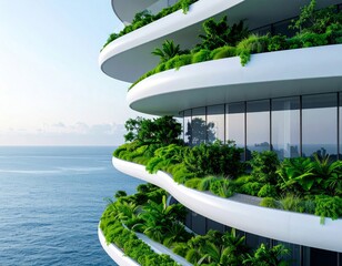 Modern White Architecture with Lush Balcony Gardens Overlooking Blue Ocean