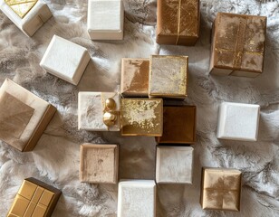 Group of Decorative Wrapped Gift Boxes in Gold and White on Soft Beige Blanket