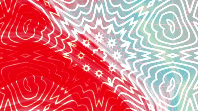 1950s Kitchen  Hypnotic kaleidoscope animation with red, white, and turquoise colors creating a mesmerizing visual pattern
