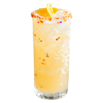 lemon-ginger fizz in a tall tower glass with crystallized ginger and citrus confetti rim on white