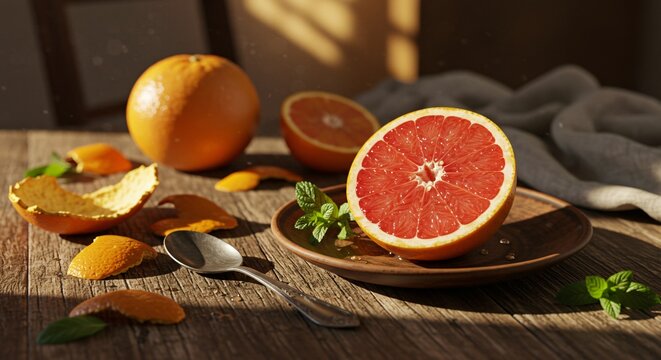 Freshly Cut Grapefruit and Orange on Rustic Wooden Table, Morning Light