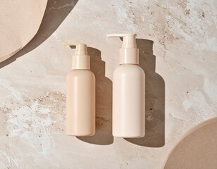 Two Beige Cosmetic Bottles with Pump Dispensers on Marble Background