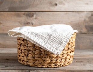 Wicker Basket with White Linen Cloth on Wood Background in Rustic Interior