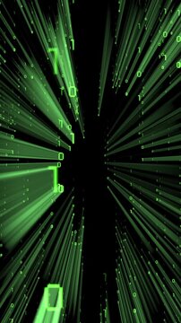 Green binary code falling down - matrix effect with light rays - 3D 4k vertical animation (2160 x 3840 px)