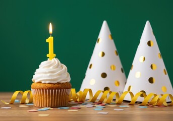Festive birthday cupcake with candle and party hats