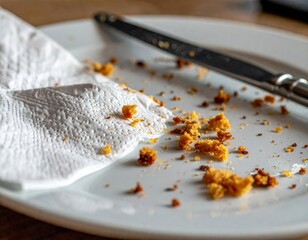 Crumbled Cake Scraps on White Plate with Crumpled Napkin and Knife Indoor