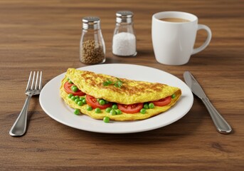 Savory omelet with vegetables and coffee for breakfast