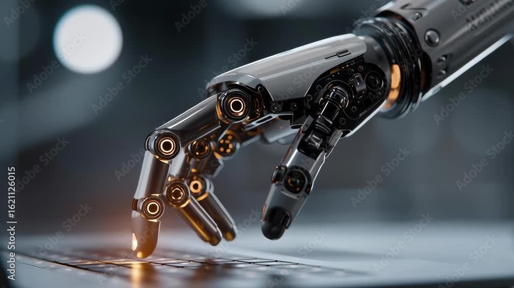 Poster a robotic hand is touching a keyboard, with the fingers of the hand pressing the keys. concept of te