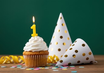 First birthday celebration cupcake with candle and party hats