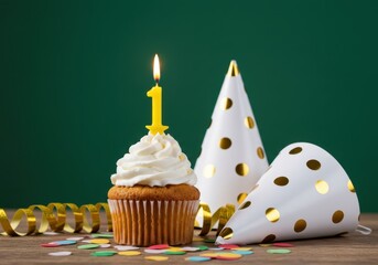 First birthday celebration cupcake with party hats and confetti