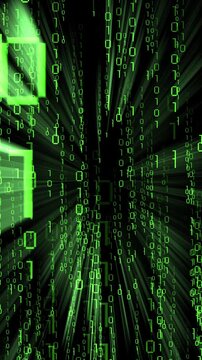 Green binary code falling down - matrix effect with light rays - 3D 4k vertical animation (2160 x 3840 px)