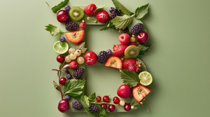 Various fresh fruits and berries arranged in the shape of the letter B. Creative writing of the text.