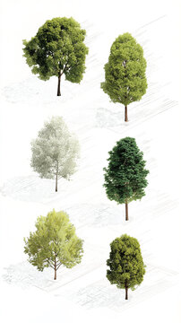 A dynamic series of axonometric tree visualizations, shot from a conceptual bird's eye view. Each tree floats gently, creating a hovering effect without any grounding elements - perfect for schematic 