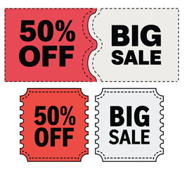 50% Off Big Sale Coupon Ticket Set Red Black Perforated Border Vector Marketing Promotion Collection