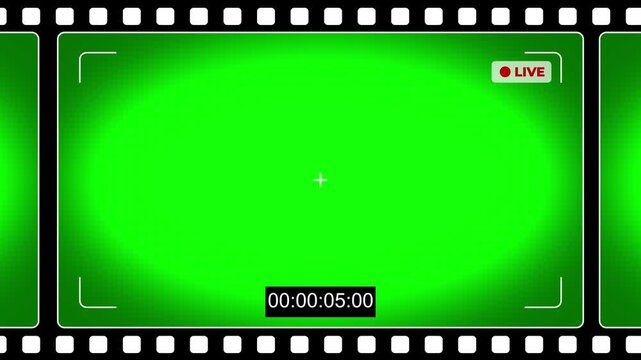 Camera viewfinder screen overlay on a classic film strip background. Features a live recording indicator, timecode, and frame markings. Concept for filmmaking, cinema, and live streaming video. Chroma