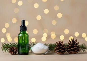 Green glass dropper bottle with skincare cream and pine cones