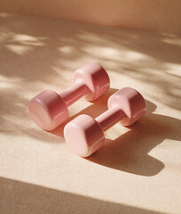 Pink dumbbells on a beige background under the summer sunlight	