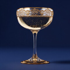 Luxurious Champagne Cocktail in Gold-Embellished Glass on Dark Blue Background