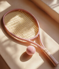Pink tennis racket and ball on a beige background under the summer sunlight