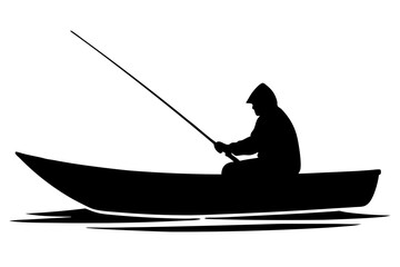 Fisherman in a Boat Silhouette, Man Fishing with Rod Vector Graphic