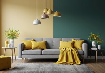 Modern living room with two tone walls and yellow accents